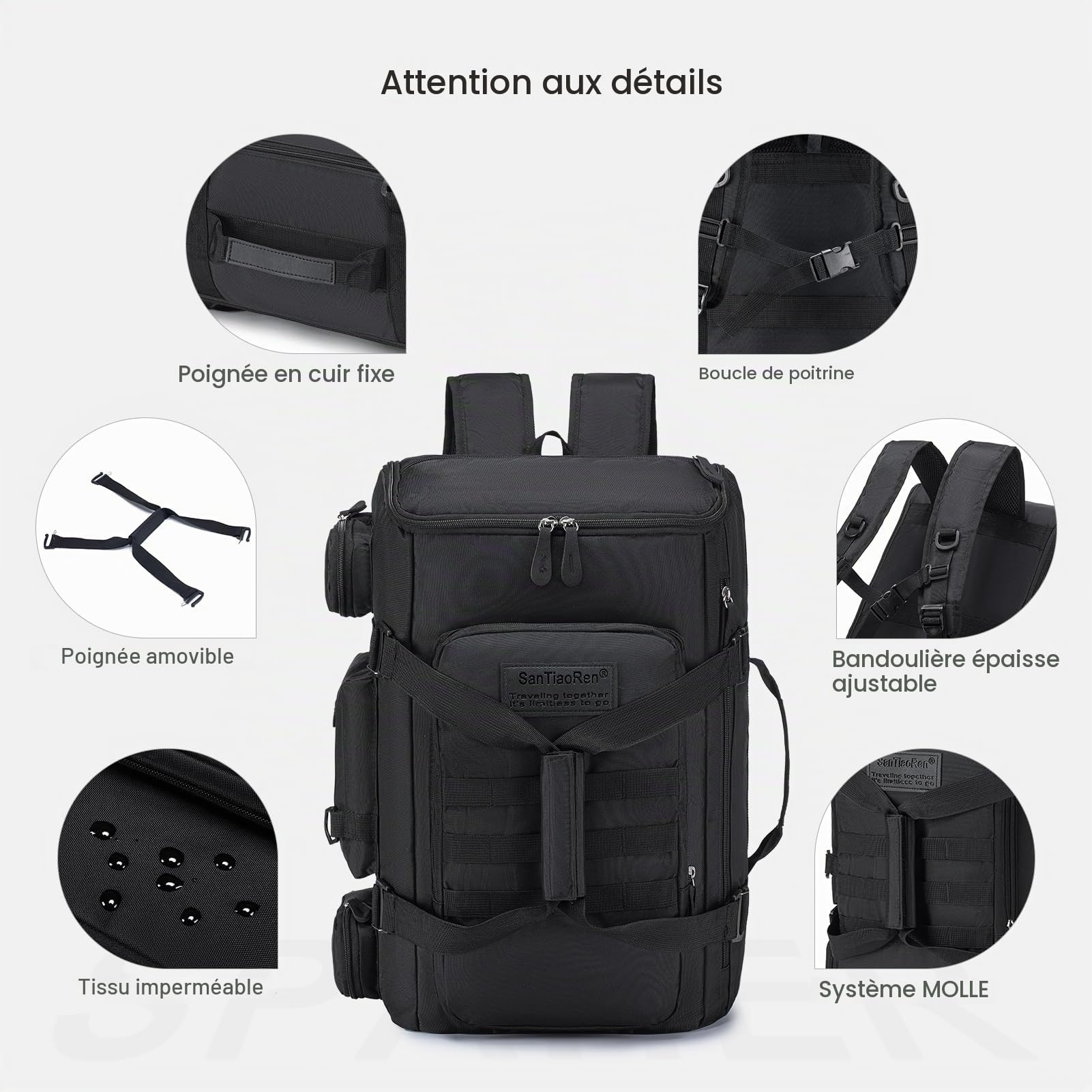 SPAHER 3 en 1 Sac à Dos Randonnée Tactique Sac de Voyage Grand 40L, Noir | Grand Ouverture 180°, 2 Poignées, Système MOLLE, Poches Humides, Compartiment pour Ordinateur Portable Rembourré de 16 Pouces