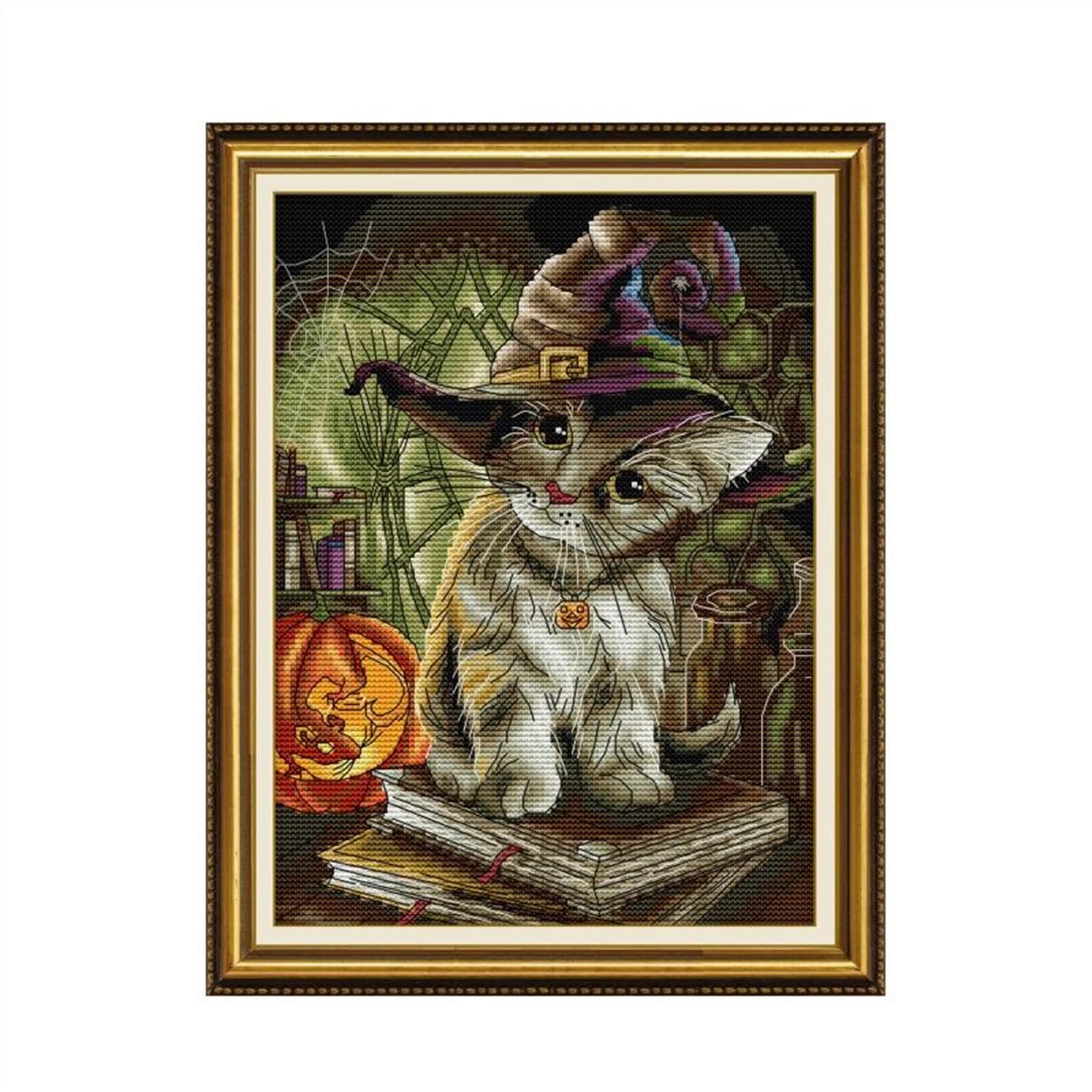 Broderie chat magicien point de croix 14ct pour décorer votre salon cet hiver