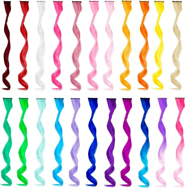 22 PCS Rainbow Colored Hair Extensions Clip In for Girls 22 Inch Colorful Curly Wavy Hair Extensions for Party Highlights Hair Accessories Hair Pieces for Women