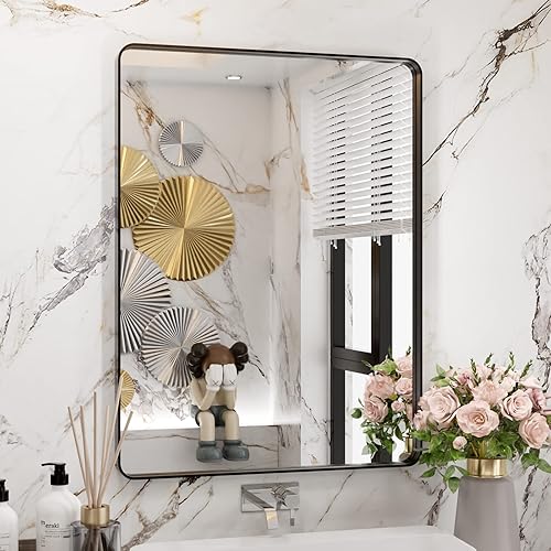 WEER Black Bathroom Mirror 24X32 Inch, Rectangular Black Metal Frame Mirror, Matte Black Bathroom Vanity Mirror with Tempered Glass, Rounded Corner, Anti-Rust (Horizontal/Vertical)