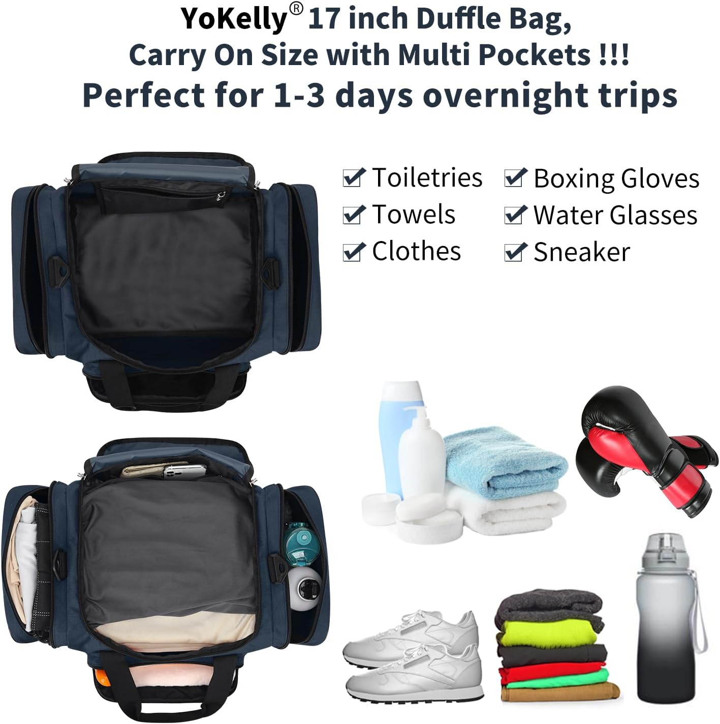 Small Duffel Bag 17 inch Carry On Weekender Bag for Travel Gym Sport (17x10x9 in) - Navy - Image 3