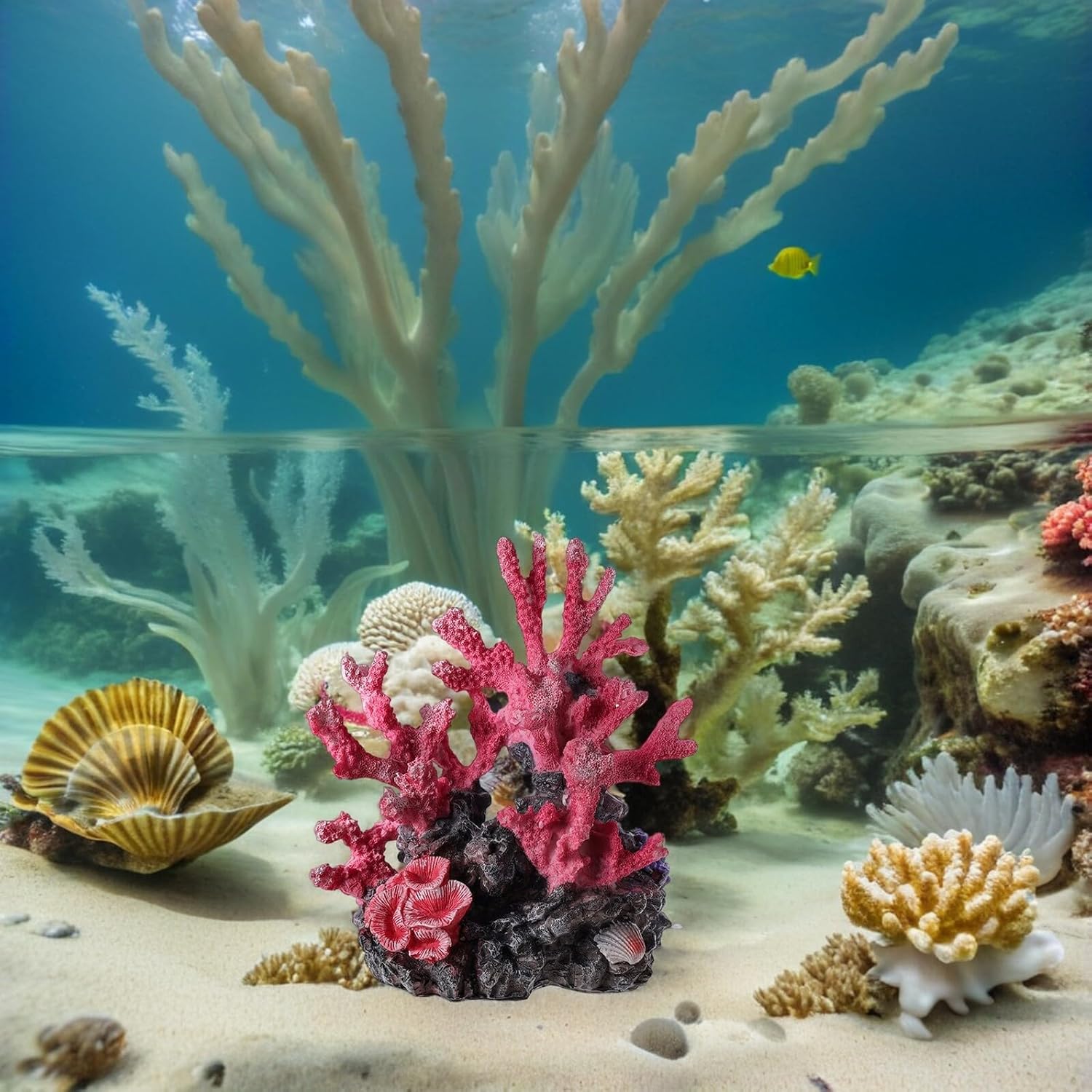 2pcs Large Simulated Resin Coral Ornaments with Orange and Pink Base, Artificial Coral Reef Decorations for Aquarium Fish Tank Landscaping, Ocean Theme Aquarium Décor