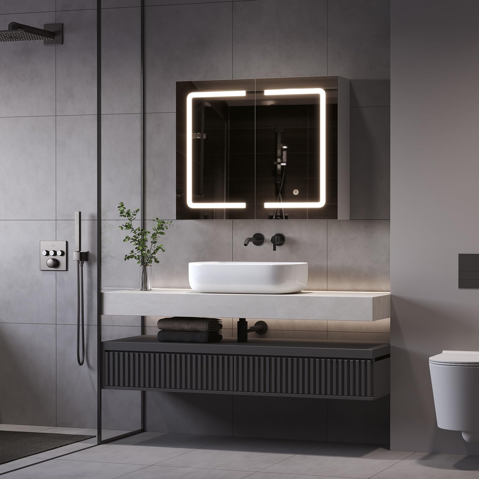 DICTAC Armoire de Salle de Bain avec Miroir et LED éclairage 70x16x60cm Armoire de Toilette Miroir avec Prise et Étagère Réglable,Meuble Pharmacie Salle de Bain,Température de Couleur Réglable,Blanc
