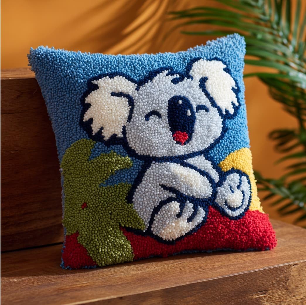 Taxpy Latch Hook Cushion Kits Koalas Pillowcase Kits Embroidery Kit 17X17 Inch DIY Needlework Pillow Cover Sofa Cushion Rug Making