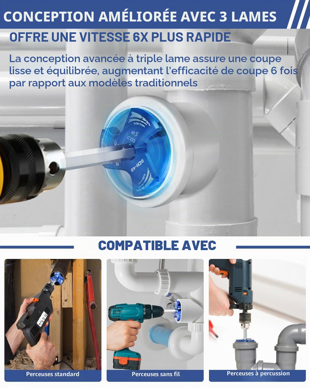 ERAYCO Kit d'alésoir de tuyau en PVC à triple lame, outil d'alésoir en plastique pour plomberie, 3 lames en PVC pour SCH40, ABS, tuyaux en CPVC, 6 pièces (1,9 cm, 2,5 cm, 3,8 cm, 5,1 cm, 7,6 cm, 10,2