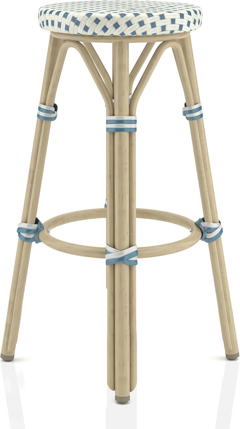 Greemotion Binde Boho 30-inch Aluminum and All-Weather Wicker Barstools with Footrest, Patio Stools & Bar Chairs for Outdoor, Kitchen Counter, Poolside, Yard, Set of 2, Blue