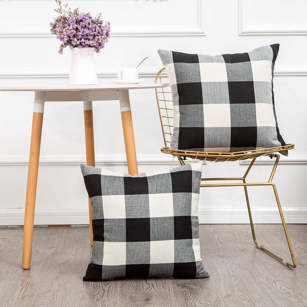 Outdoor Farmhouse Black White Buffalo Pillow Covers 20 X 20 Set of 2 Checked Christmas Porch Decorative Boho Linen Cushion Covers Fall Couch Black and White Outdoor Rustic Check for Couch Patio