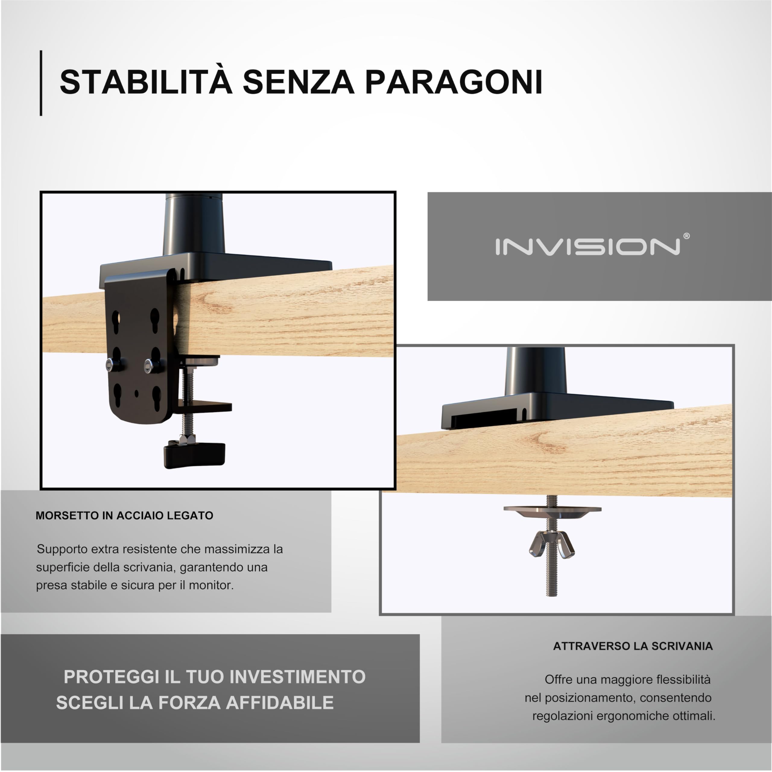 Invision Supporto Braccio Monitor per Schermi 24-40 pollici Morsetto Tavolo Ergonomico Regolabile in Altezza VESA 75-100mm 2-15kg (MX450)