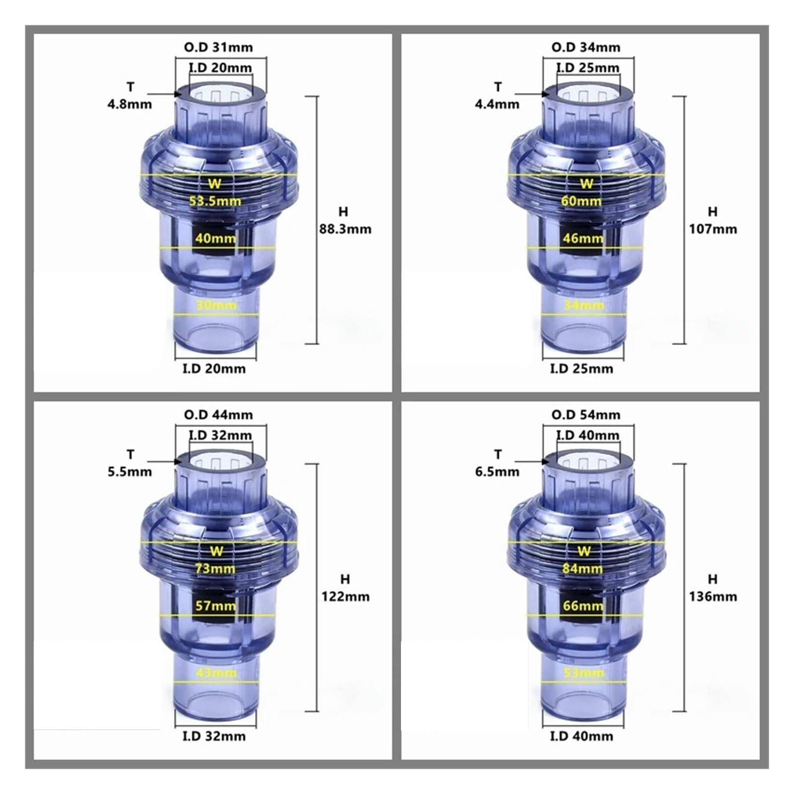 Przezroczysty zawór zwrotny UPVC do nawadniania ogrodu i akwarium — rozmiary od 20 mm do 110 mm(Transparent,40mm)