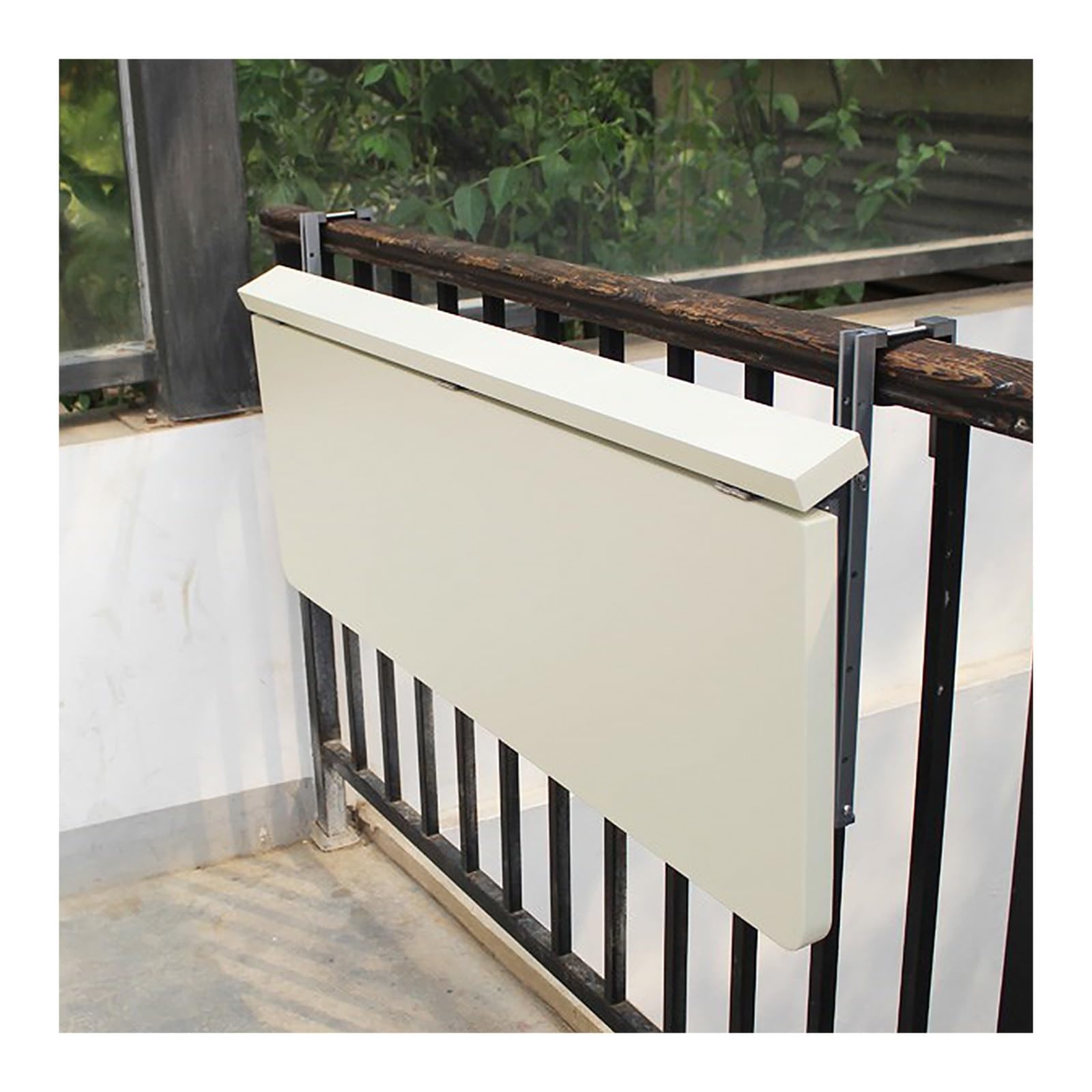 Mesa plegable de aluminio blanca para desayunar y trabajar en la barandilla del balcón