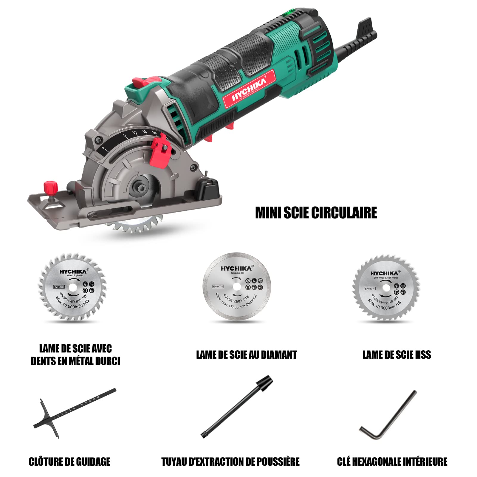 HYCHIKA 500W Mini Scie Circulaire, 4500RPM, Profondeur de coupe: 0-25mm, Moteur en Cuivre Pur, 3 Lames pour les coupes de bois, de métal mou, de carreaux et de plastique
