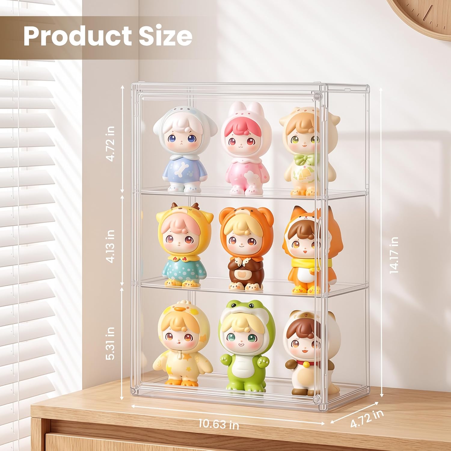 3-Tier Clear Display Case for Figures, Wall-Mounted Acrylic Action Figure Storage Organizer with Magnetic Door & 2 Adjustable Shelves, Dustproof Showcase for Collectibles, 2 Pack