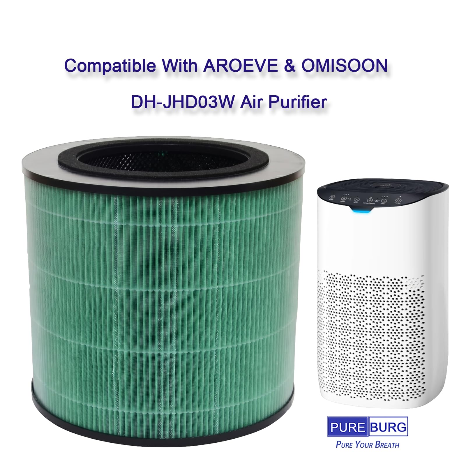 PUREBURG Filtro de repuesto compatible con purificador de aire AROEVE & OMISOON DH-JHD03W, paquete de 2 H13 True HEPA carbón activado 2 en 1, limpieza de aire, olor a polvo, filtración de 3 etapas
