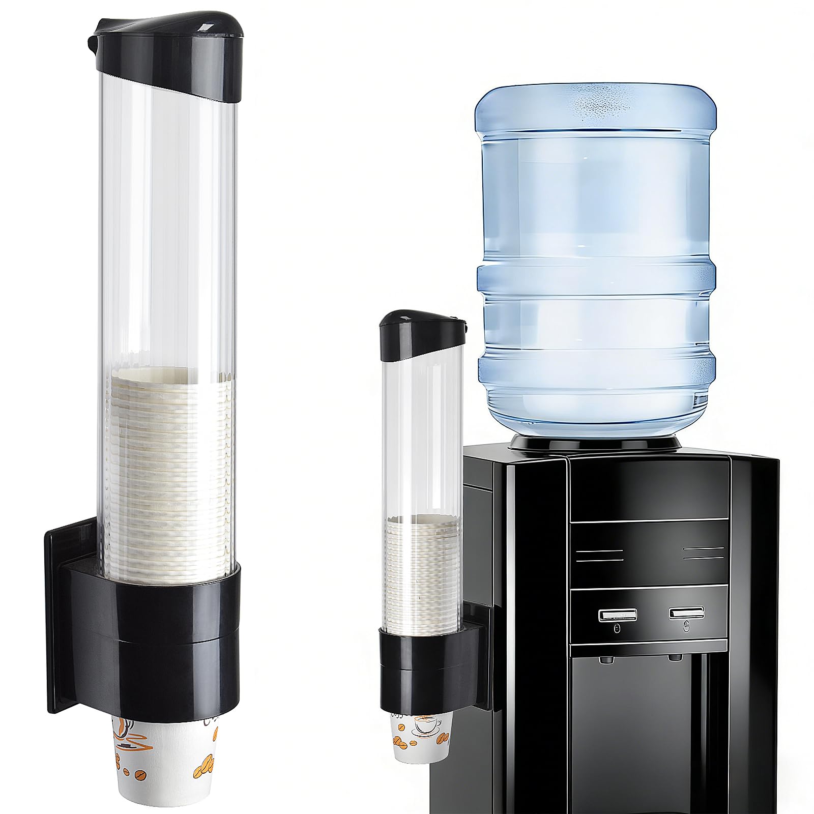 LBTING Cup Dispenser, Water Cooler Pull Type Cup Holder Fits 7oz - 12oz Cone or Flat Bottom Cups, Paste or Screw Plate Wall Mount, 16.9" Tube Length Black