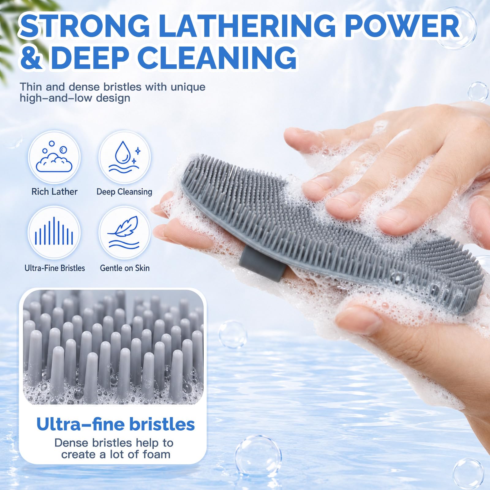 Manmihealth Set di spazzole per la schiena in silicone (setole sottili) e morbido guanto da bagno per il viso, scrub super esfoliante per il corpo e spazzola da doccia super schiuma per il viso, con