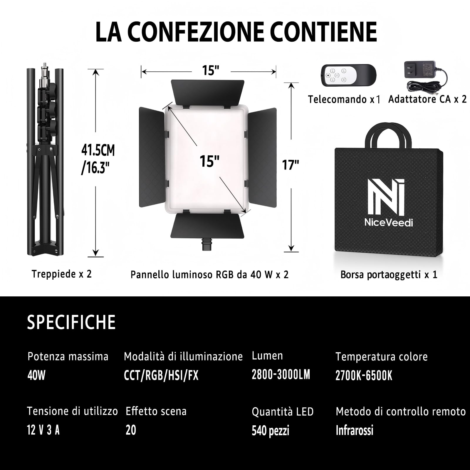 Niceveedi Luce Fotografica RGB da 15", 2x40W Luci Video LED Con Supporto, Pannello Luminoso da Studio Colorato 2700K-6500K con Modalità RGB/CCT/HSI/SCENE per YouTube/TikTok/Streaming Live/Giochi