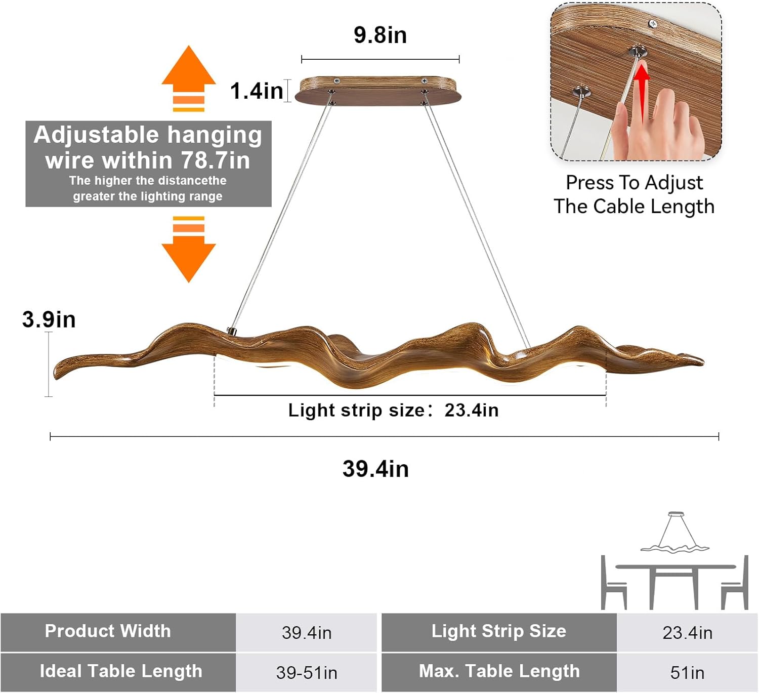 39" Large Wave-Design LED Chandelier, Dimmable Linear Pendant Light with 3-Color Dimming, Modern Billiard Pool Table Lights for Kitchen Island, Dining Room