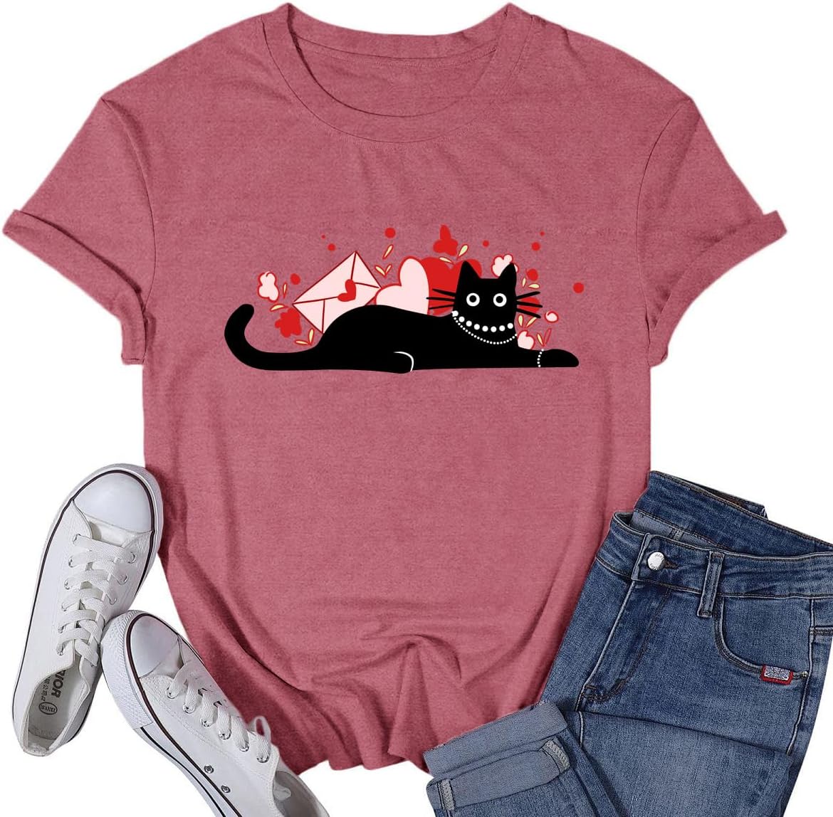 Women's Valentine's Day Shirt Cat Valentine Black Cat T-Shirts Love Heart Lover Girlfriend Tee Tops