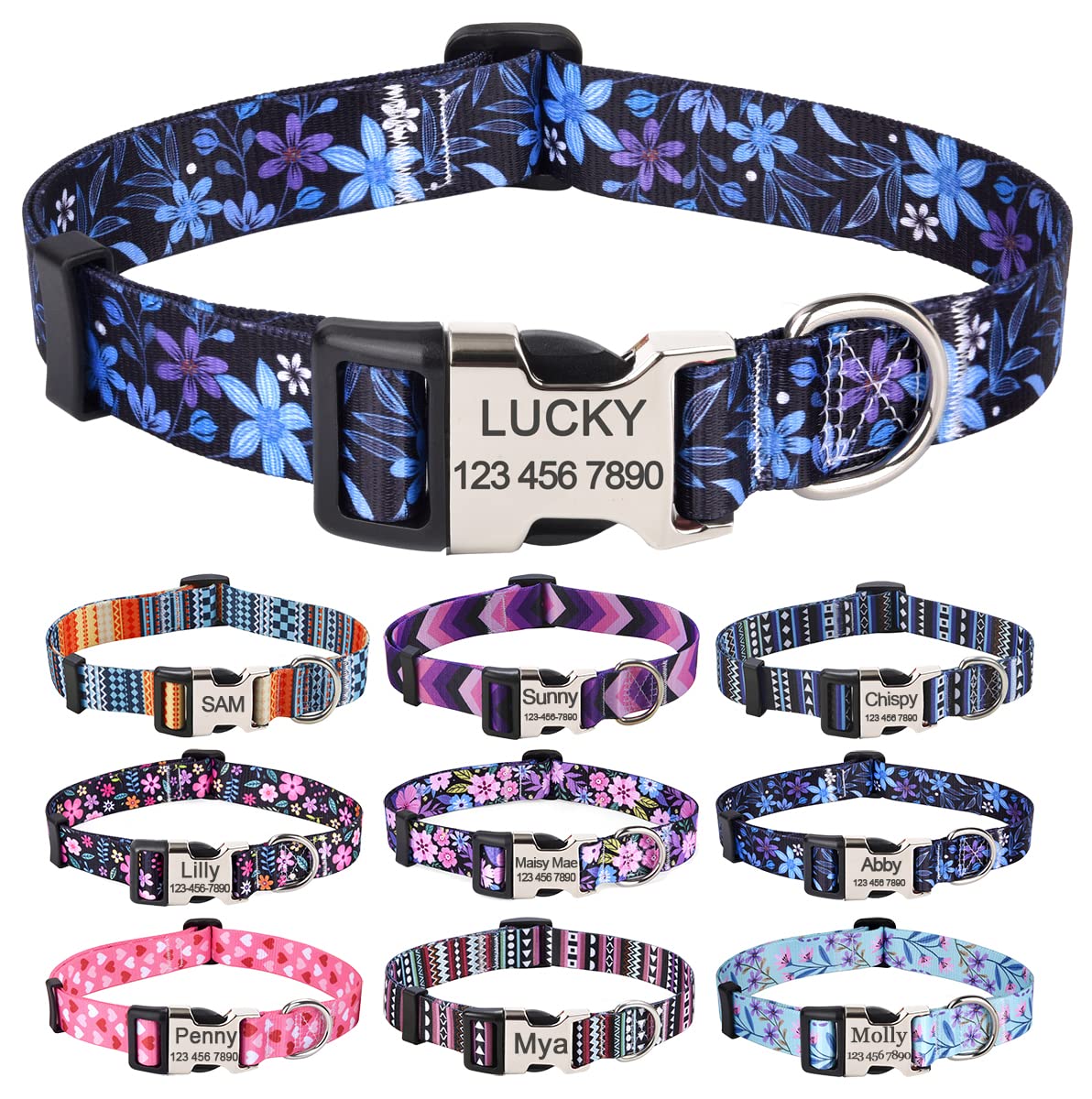 HQYDDMI Personalized Dog Collar for Small Puppy Dogs - Custom Dog Collar with Name and Phone Number - Floral Dog Collar for Male Female Boy Girl Puppy Dogs(Blue Floral,XS) — image 1
