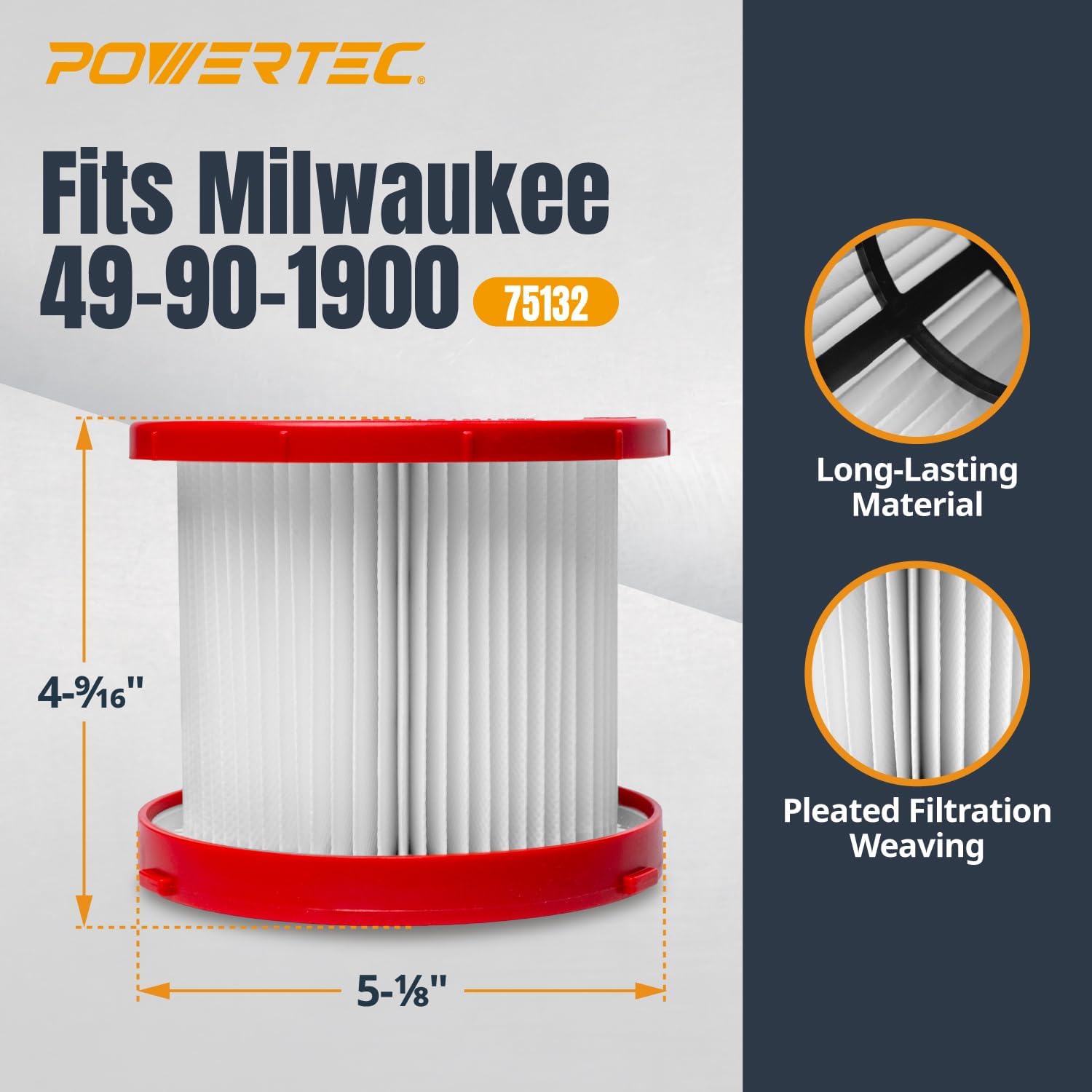 POWERTEC 49-90-1900 Wet Dry Vacuum Filter for Milwaukee M18 0880-20, 0970-20 & M12 0960-20 Cordless Vacuum 4 Pack, HEPA Cartridge Filter Replacement for Milwaukee Cordless Shop Vacs (75132-P2)