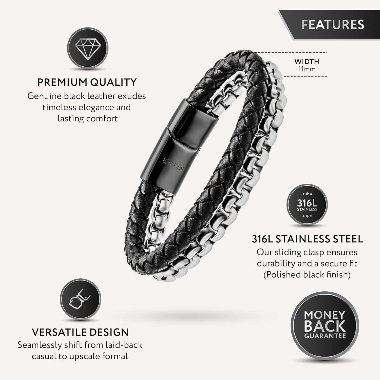 RTZN® Black Leather Bracelets for Men – Premium Artisan Handcrafted Collection – Single, Stacked, & Double Strand Braided Leather, Onyx Stone & Silver Chain Designs – Authentic Men's Leather Bracelets - Image 3