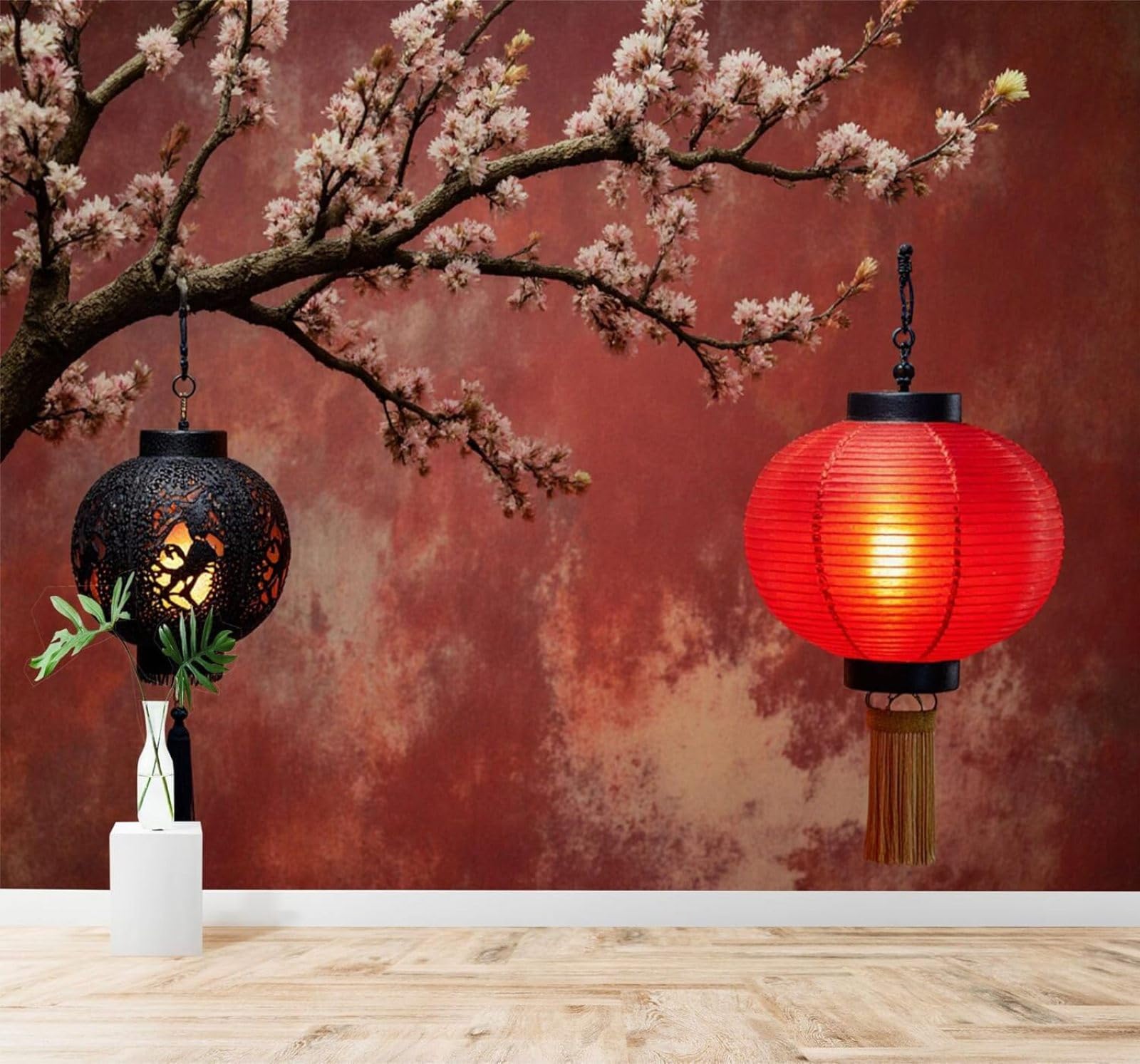 Xlming 250Cm×170Cm(B×H) Retro Creative Rural Landscape Red Lanterns Cherry Blossom Branches 3D Wallpaper Silky Texture Home Study Office Grey Dining Room Sofa Bedroom Living Room Tv Backdrop-250Cm×170Cm