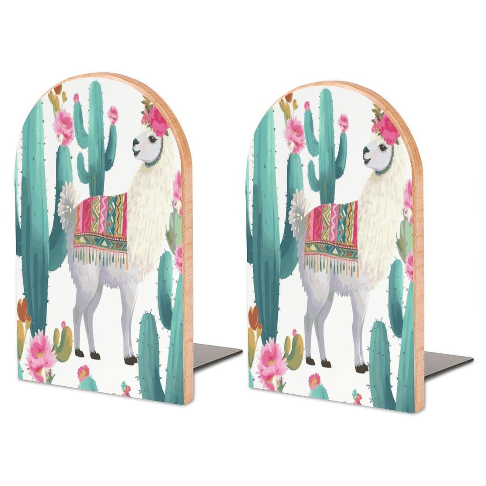 Large Tropical Llama Alpaca Cactus Flower Book End with Metal Base Fashion Heavy Duty Bookend Exquisite Wooden Bookends Non-Skid Book Stopper for Shelves Books Organizer for Office Home 1 Pair