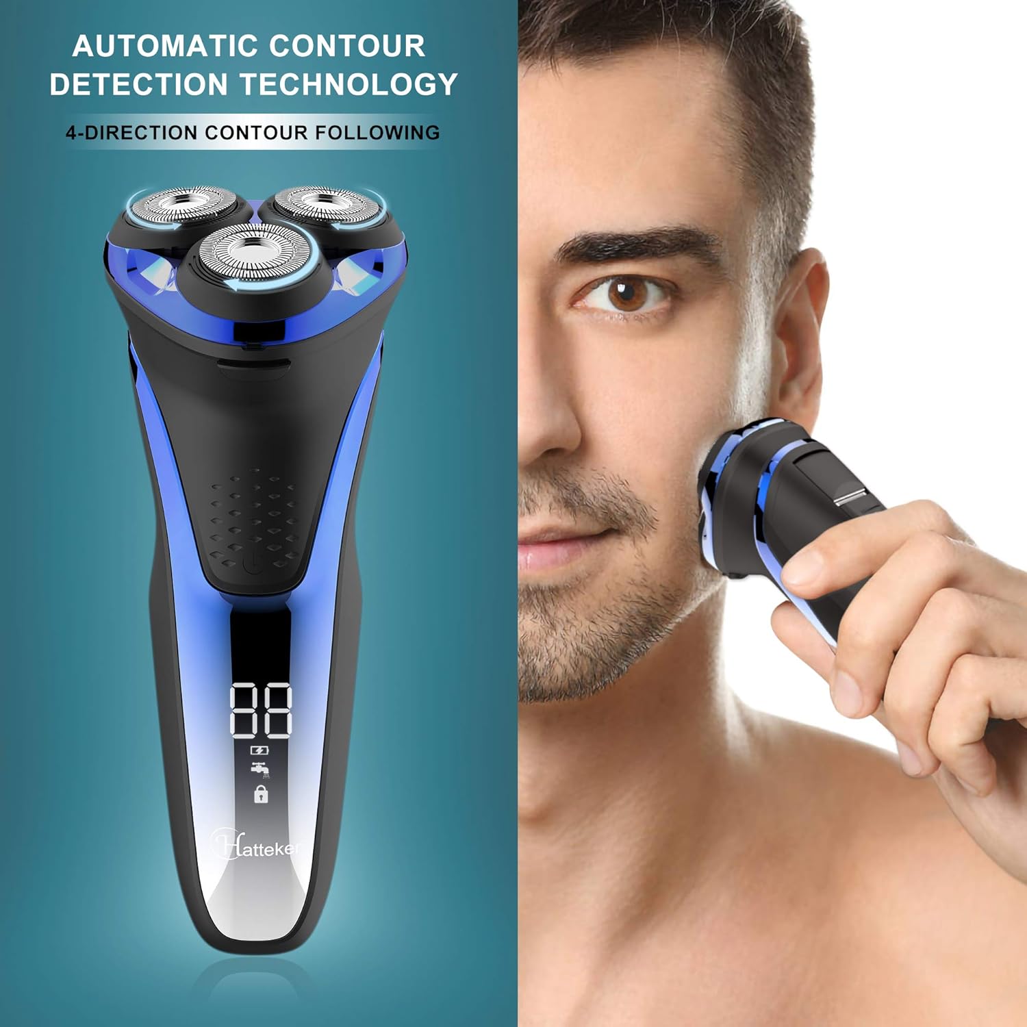 Hatteker Electric Rotary Shaver with 'Automatic Contour Detection Technology' and '4-Direction Contour Following' text, next to a man shaving his face.