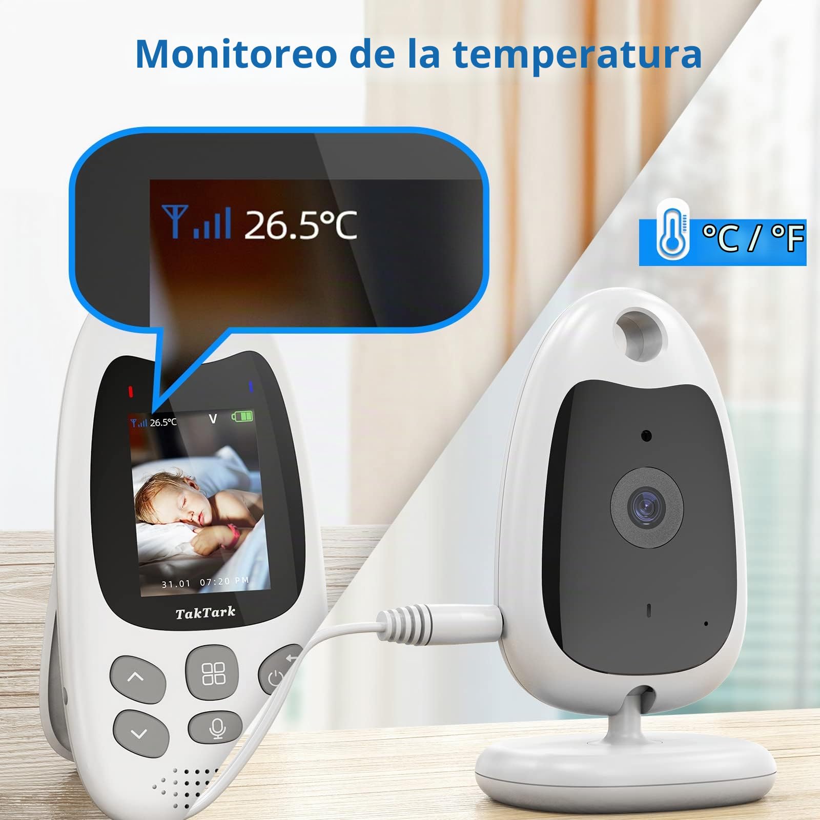 TakTark Vigilabebes con Camara, Inalámbrico Camara Vigilancia Bebe Inteligente Monitor Bebé con LCD 2.0'' y Cámara Visión Nocturna, Comunicación Bidireccional, VOX y Vigilancia de la Temperatura