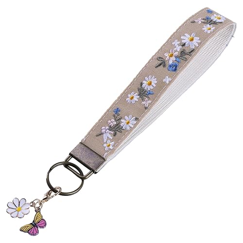 Embroidered Wristlet Keychain, Cute Fabric Wrist Strap Keychain, Boho Key