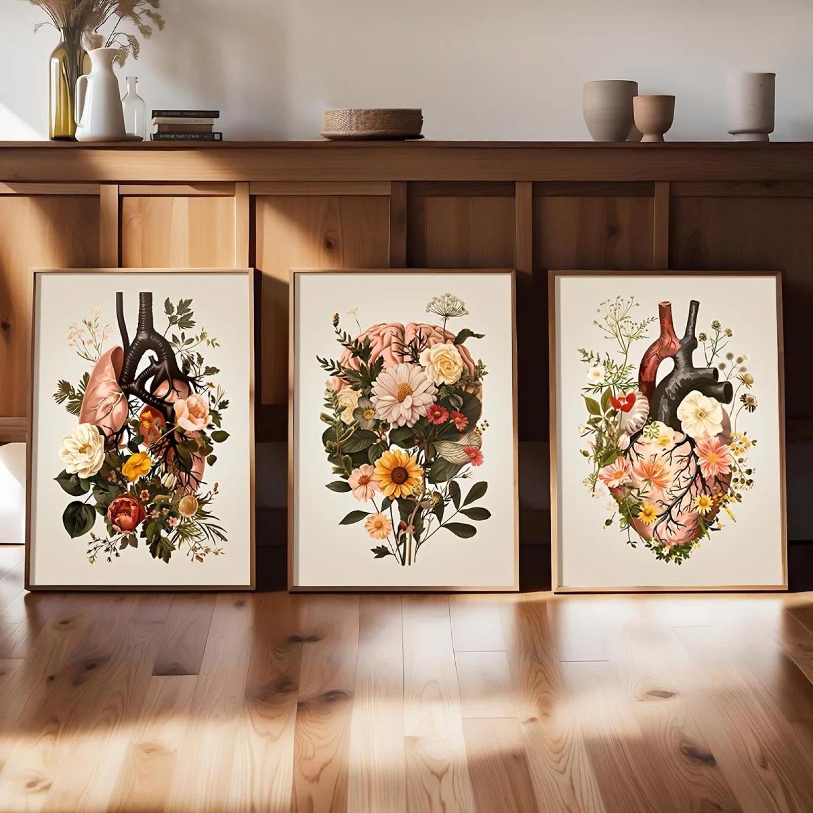 Baibexing Retro Botanical Heart Lungs Brain Floral Anatomy Canvas Painting Poster Prints Wall Art Picture For Living Room Home Decor 50X70Cmx3Pcs Unframed