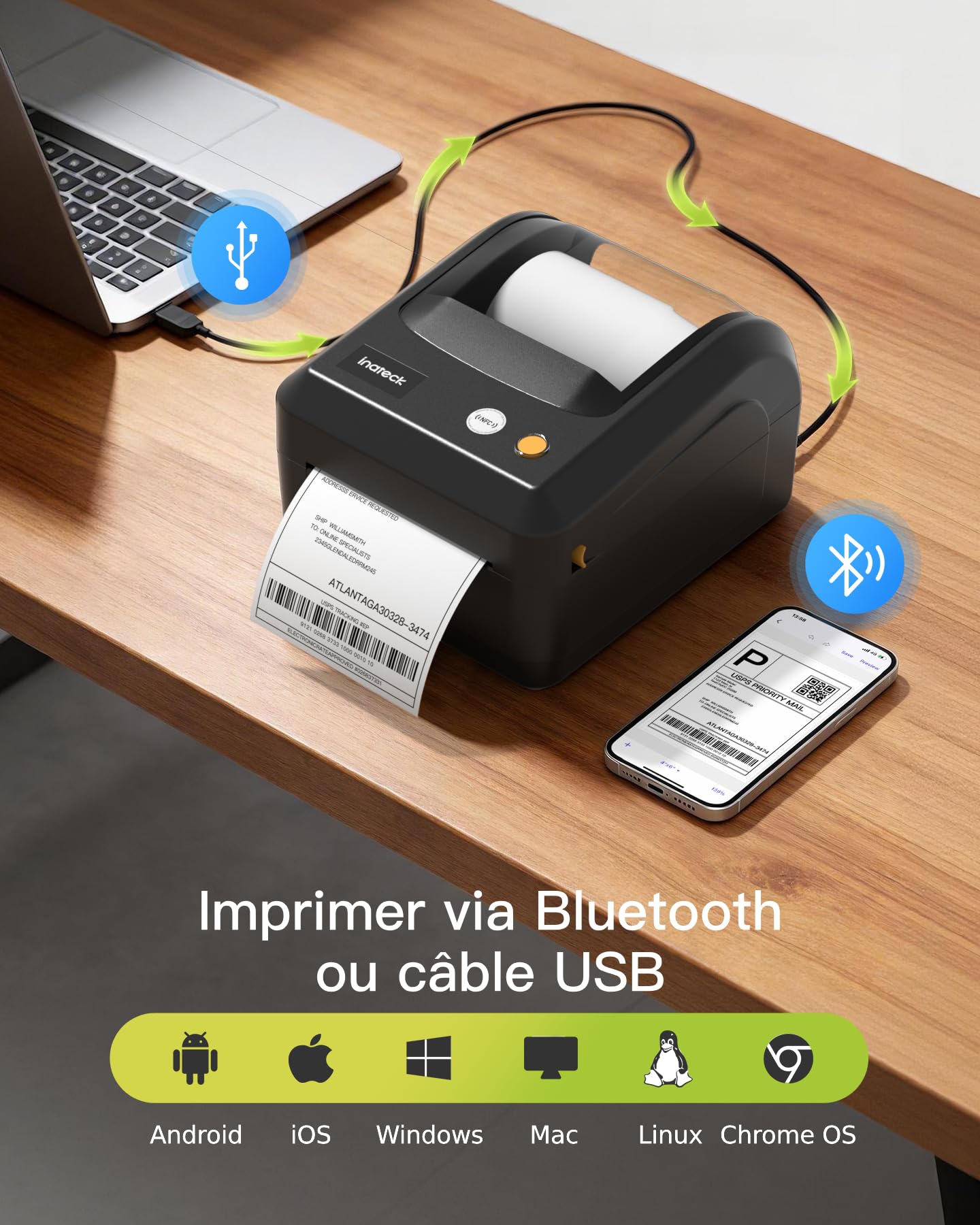 Inateck Imprimante d'étiquettes Thermiques Mobiles sans Fil 4 x 6 PR50 - Compatible iOS, Android, Windows, Noir