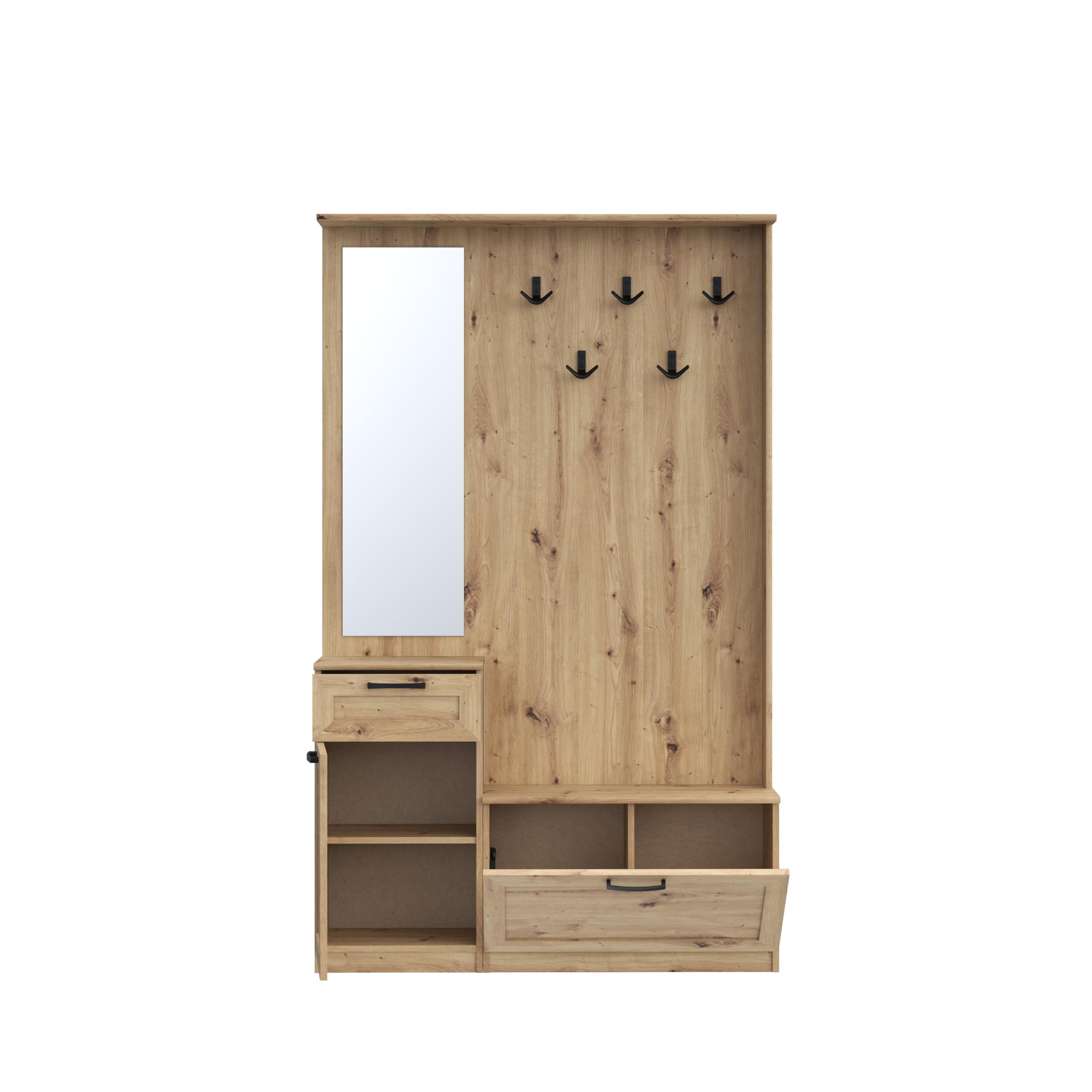 Forte NIKO Garderobe 110, Skandi-Garderobenpaneel, 1-türig, 2 Schubladen, Spiegel, Haken, Flur, Artisan Eiche Holzdekor, 110,9 cm breit x 181,5 cm hoch x 29,6 cm tief
