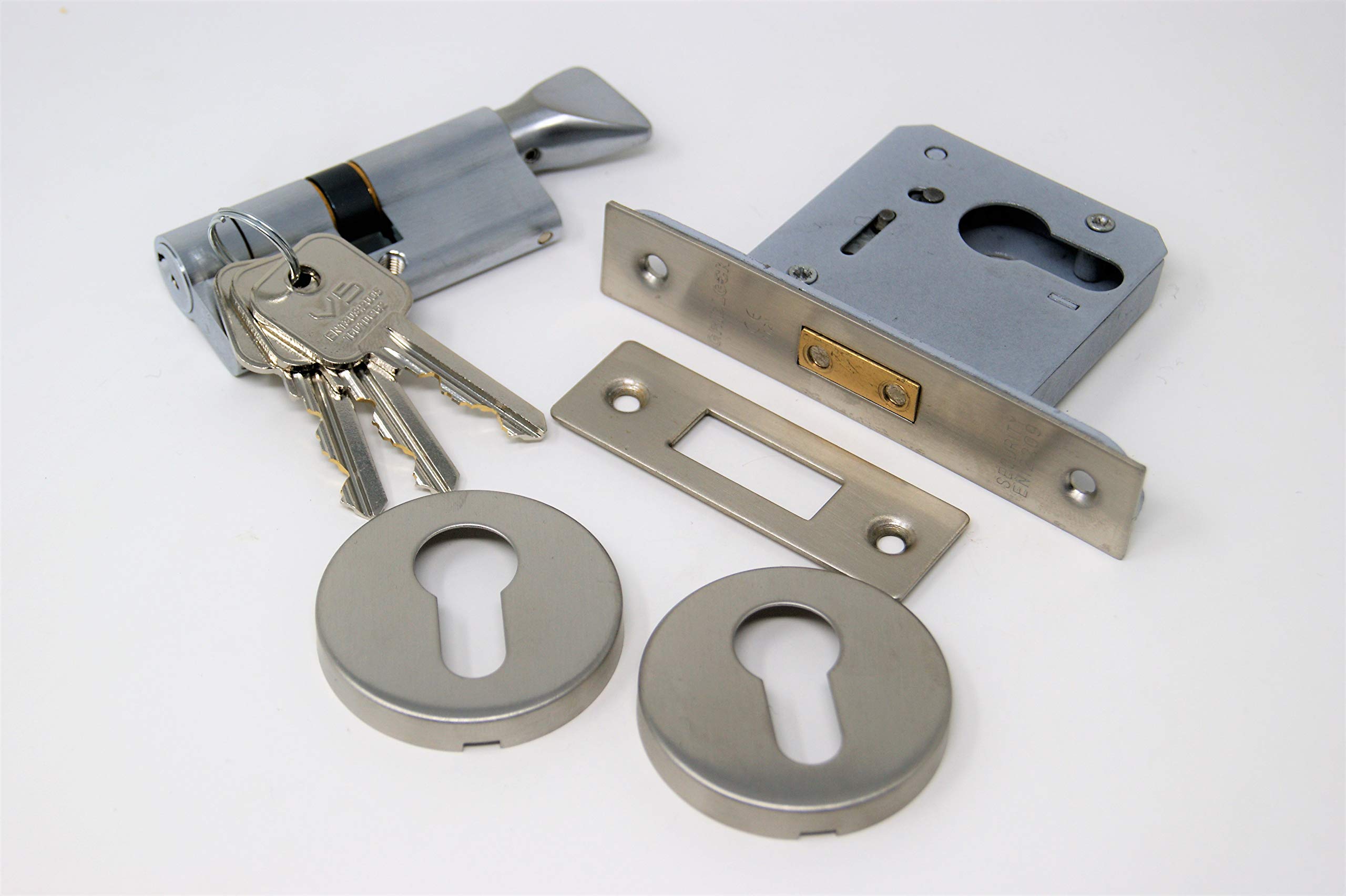 65mm Euro Profile Mortice Deadlock, Cylinder - Turn & Roses for 35mm Doors - Satin Stainless Steel