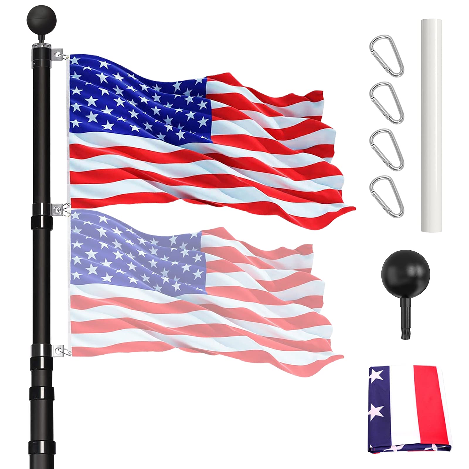DatingDay Flagpole,Telescopic Flagpole,No Tangle Flagpole On Outdoor Ground with 1 Golden Ball,1 3x5 USA Flag for Residential Or Commercial,Can Fly 2 Flags (25FT Black)