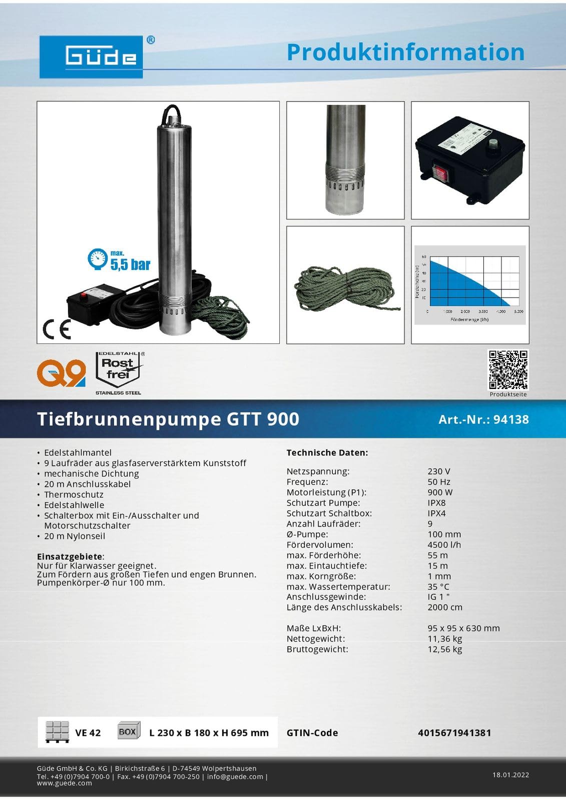 Güde Tiefbrunnenpumpe GTT 900 (900 W, Fördervolumen: 4500 l/h, max. Förderhöhe: 55 m, max. Eintauchtiefe: 15 m, 9 glasfaserverst. Laufräder, Pumpen-Ø 100 mm, Edelstahlwelle & -mantel, 20m Nylon Seil)