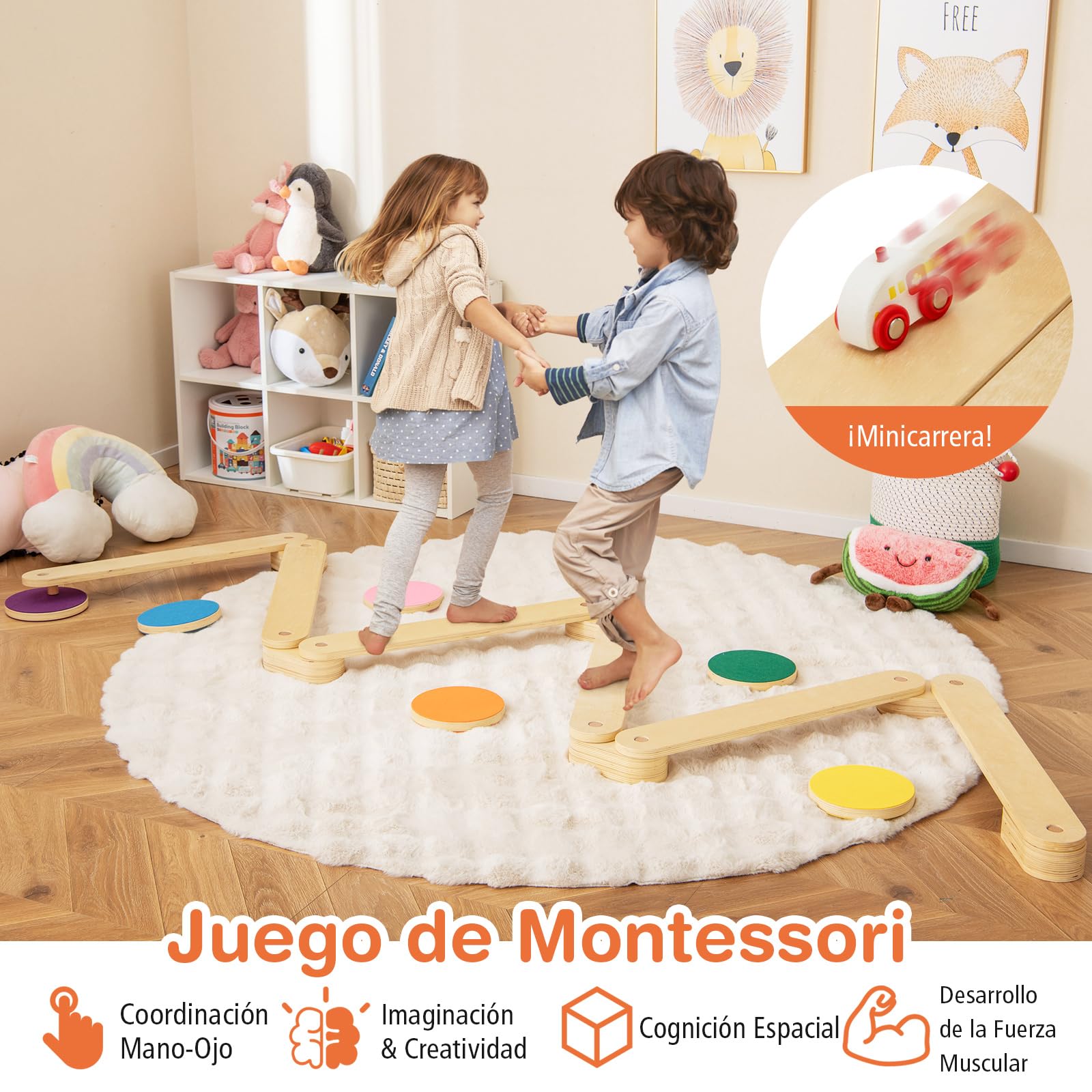COSTWAY Barra de Equilibrio de Madera y Piedrecita, Carrera de Obstáculos de Gimnasia para Niños de 12 Piezas, Juguete Montessori de Madera para Interior/Exterior, Regalo para Niños de 3 a 7 Años