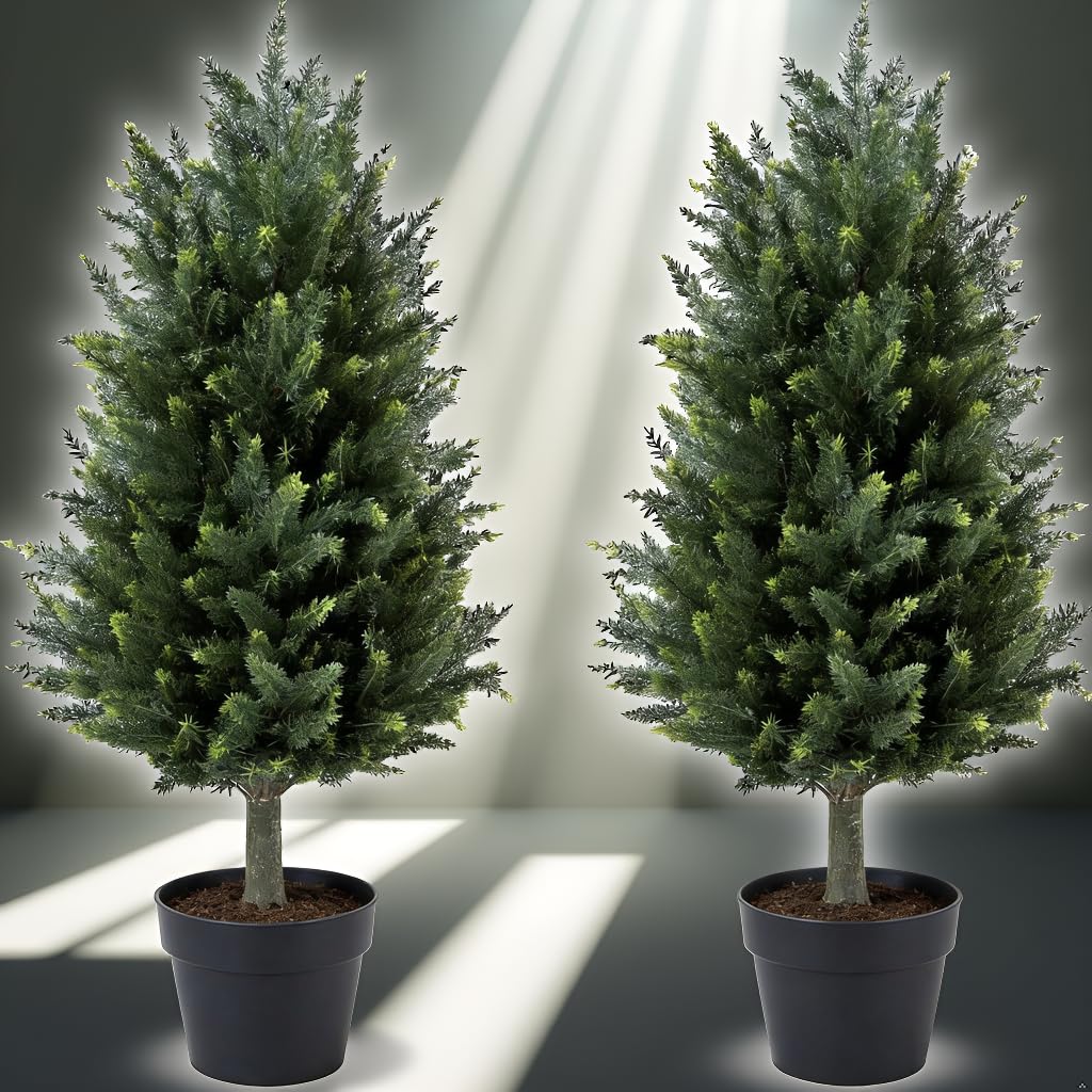 Tutte le piante di pino artificiale alta 90 cm, in plastica, resistenti ai raggi UV, per interni ed esterni, ufficio, soggiorno, camera da letto e giardino decorazione con nastri luminosi, 2 pezzi