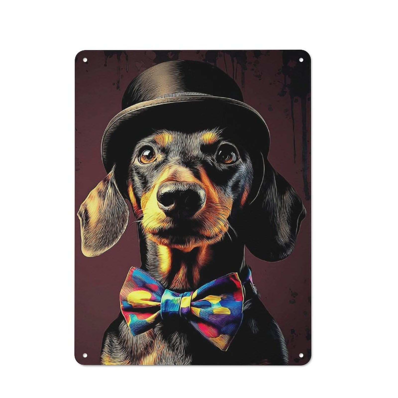 Junmoney Stylish Dachshund In Top Hat And Bow Tie -1 Loft Style Metal Wall Decor 40X30cm, Decorative Metal Plaque For Loft, Studio, Office Or Creative Room
