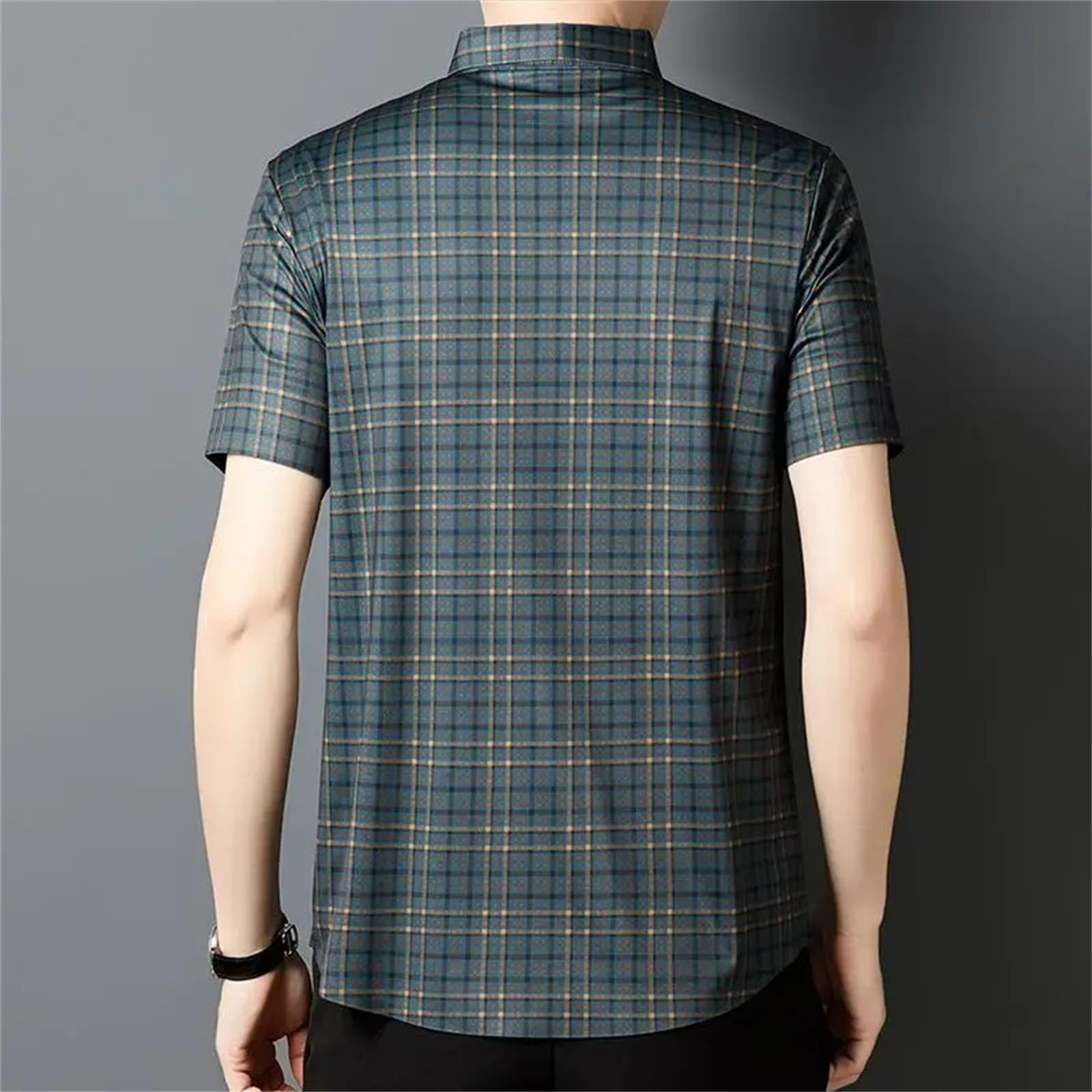 Camicia da uomo a maniche corte con bottoni, sottile, casual, resistente, design scozzese