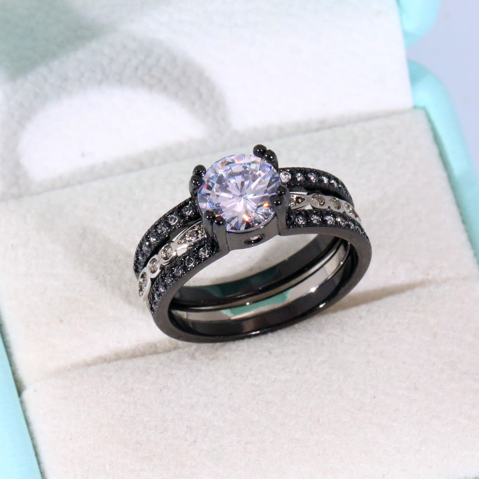 Coppia di anelli neri coordinati da 1,5 ct AAA CZ 2 pezzi set di fedi nuziali da donna per lui e lei anelli da uomo fascia