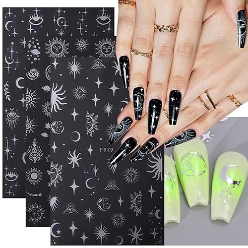 Miniatura 3 de 8 hojas de calcomanías de uñas de estrellas plateadas metálicas 3D, sol estrella, holográficas, estrellas, luna, luz de estrella, brillantina,