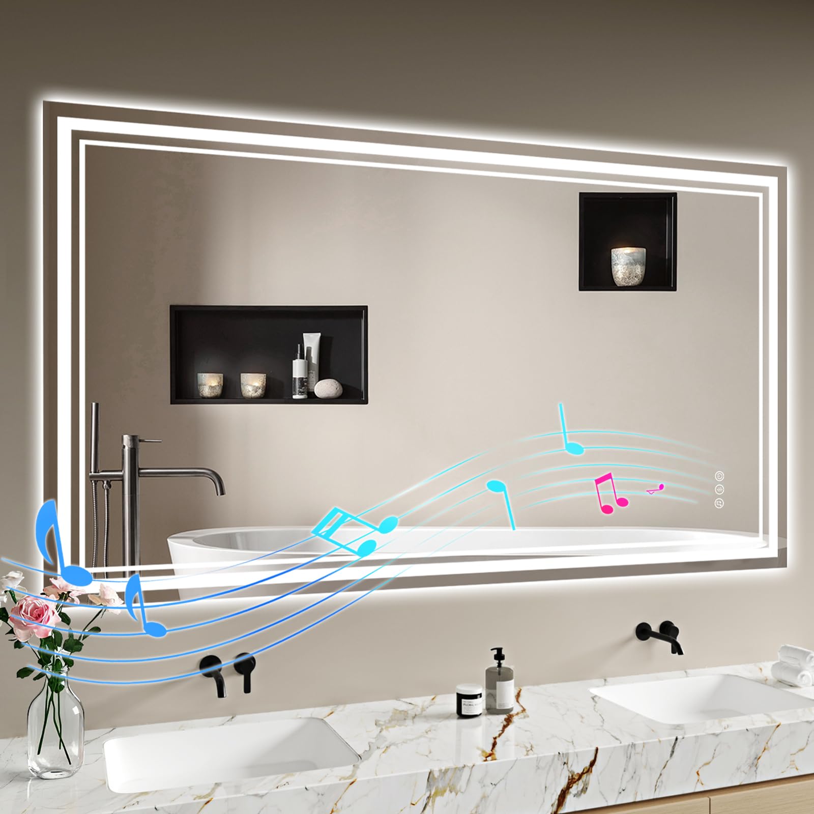 Archaluxe Bathroom Mirror with Lighting, LED Bathroom Mirror with Touch Switch, Dimmable, 3 Light Colours, Bathroom Mirror (Bluetooth + Anti-Fog + 3 Light Colours, 140 x 70 cm)