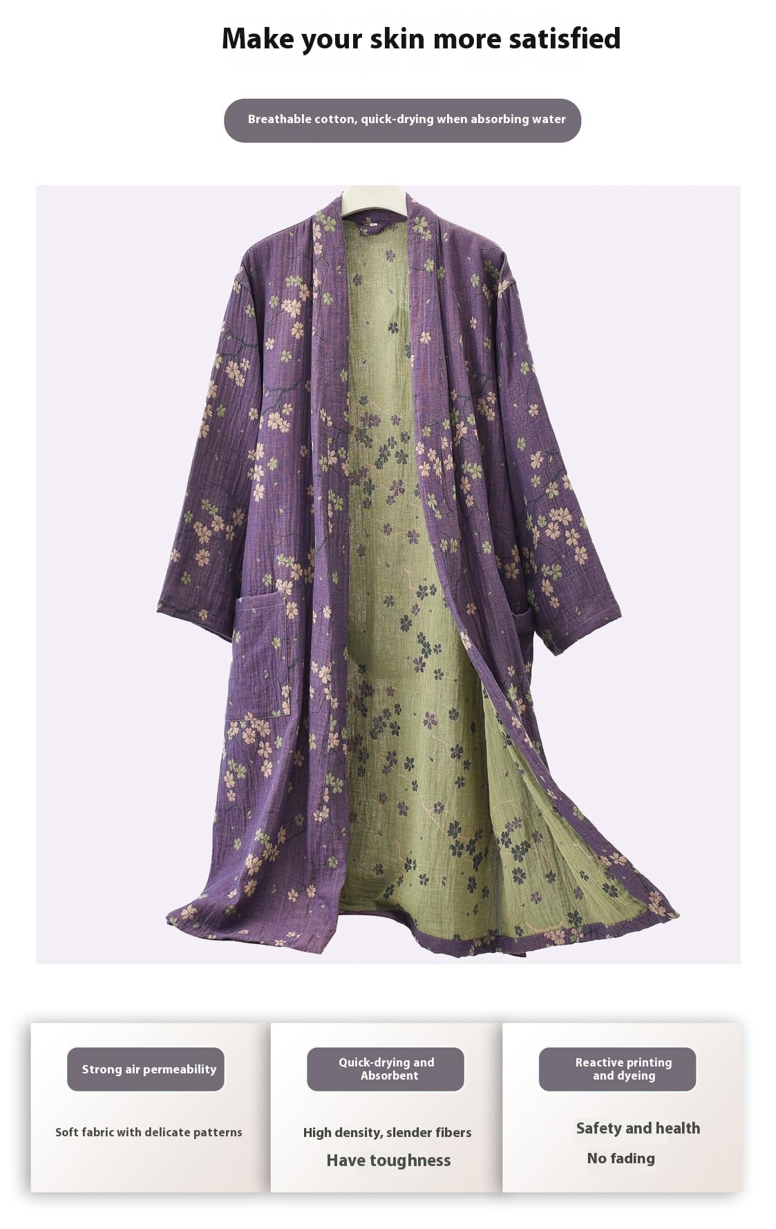 Japanische Nachtwäsche Kimono Yukata aus weicher Baumwolle, leicht, atmungsaktiv, Schlafanzug für Damen