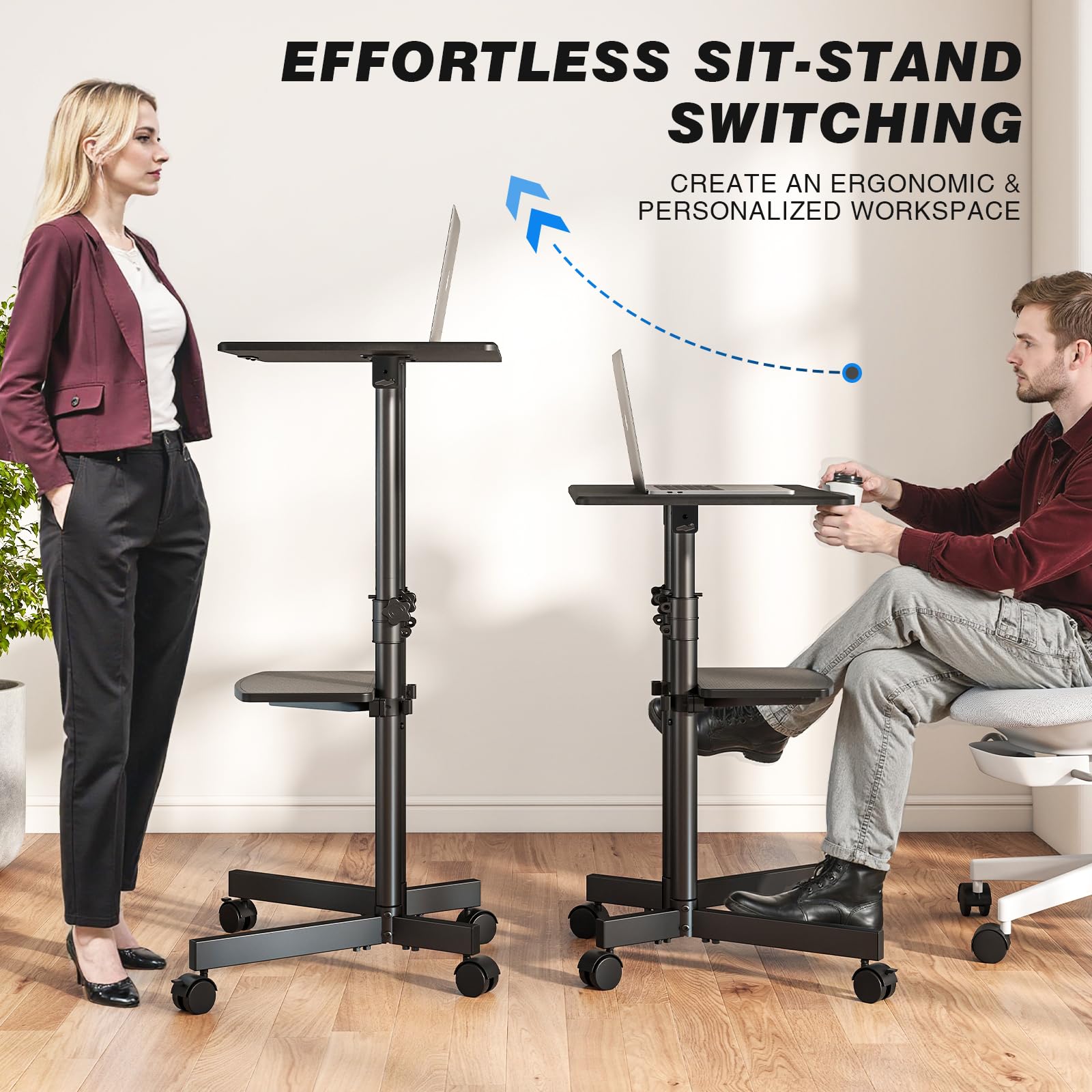 5Rcom Bureau Informatique Mobile à Hauteur Réglable, Bureau Debout à roulettes, Plateau Inclinable de 40° pour Ordinateur Portable, Poste de Travail Supportant Jusqu'à 20 kg