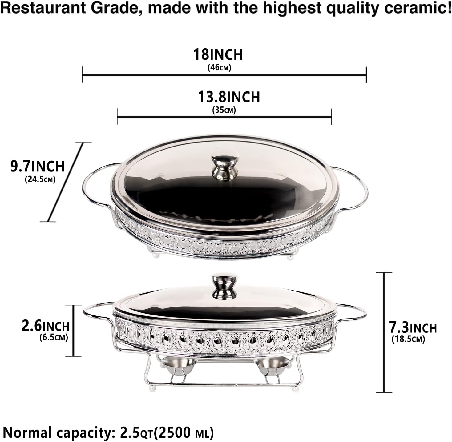 Casserole Dish 13" x 9" Glass Baking Dish with Stainless steel Lid and rack, Silver oval 2.5 Qt Large Baking Pan For Casserole & Lasagna, Microwave Dishwasher Freezer Oven Safe