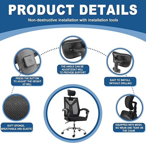 Miniatura 6 de Reposacabezas ajustable para silla de oficina, silla universal, soporte de cuello, accesorio de cojín de esponja elástica, marco de nailon,