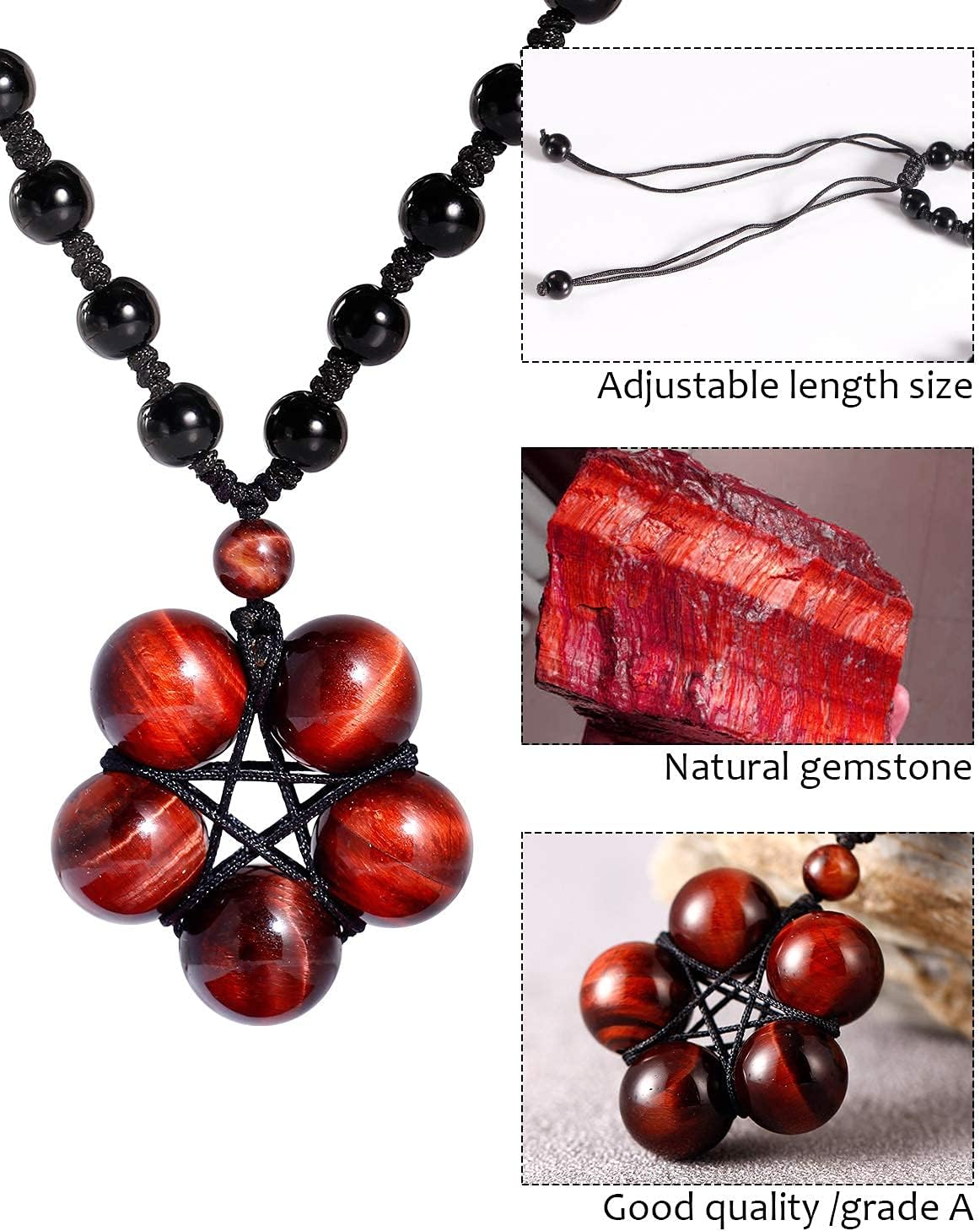 Jewever Tiger Eye Necklace Pendant Handmade Star-Shape Adjustable Energy Gemstone Healing Crystal 12mm Beads Unisex - Image 5