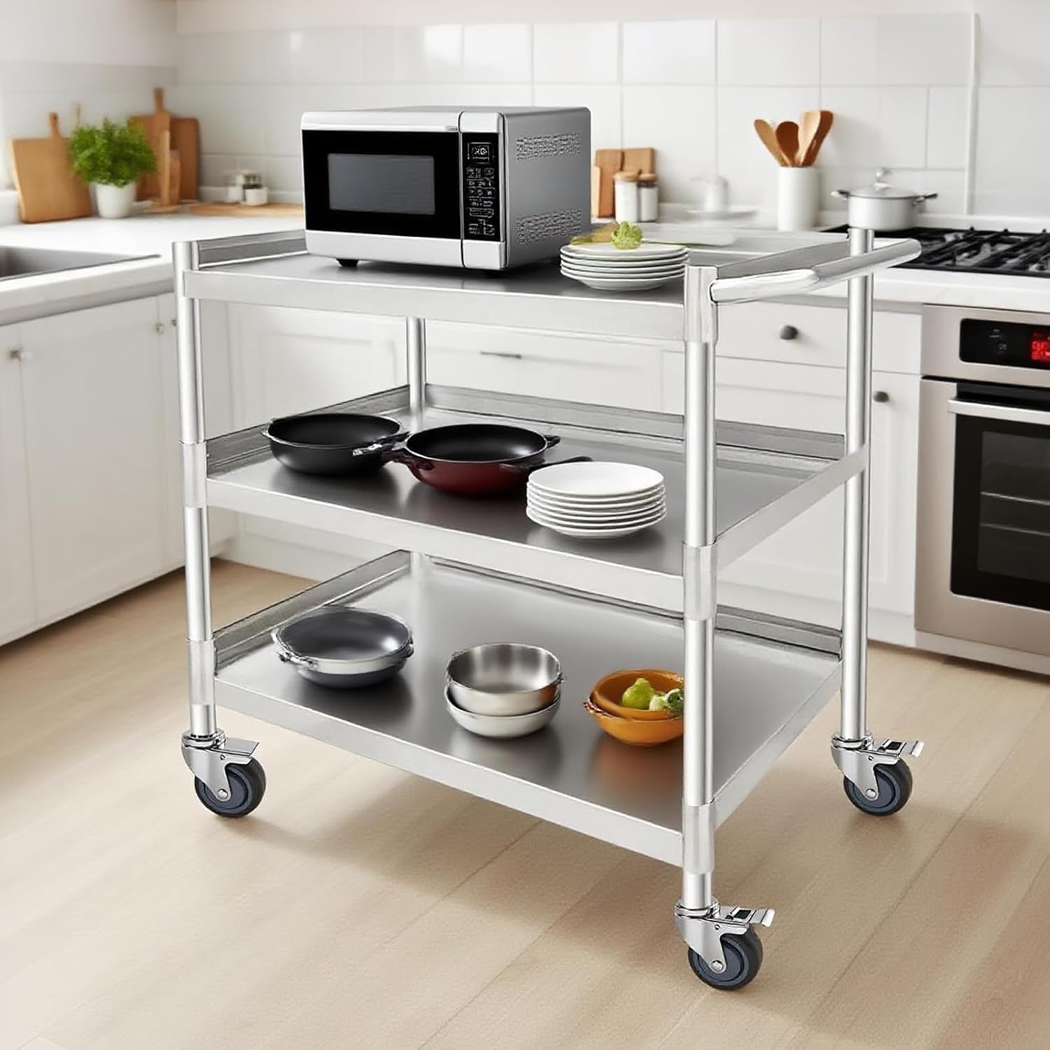 3 Tier Stainless Steel Utility Cart | Heavy Duty Metal Rolling Cart with Handle & Wheels | Ideal for Kitchen, Restaurant, Hospital, Laboratory & Home (19''x31''x34'')