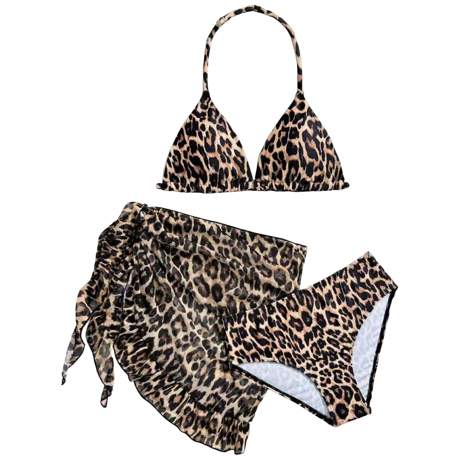 Maillot de Bain Deux Pièces Fille Bikini Volants Léopard Imprimé Maillot Bain Piscine Fille avec Haut Bas Taille Haute Confortable Ensemble Bikini pour Filles Plage Surf Léopard Maillots Bain 7-12 Ans
